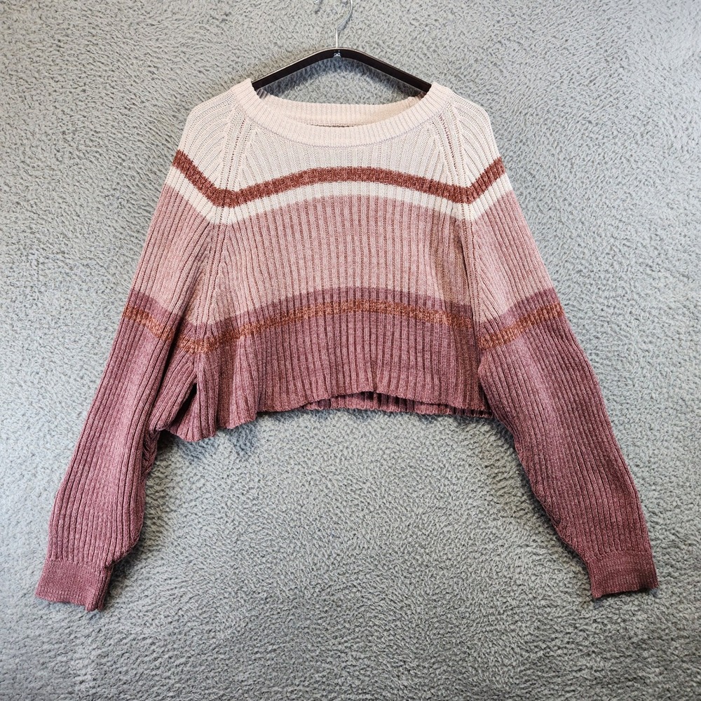 Aeropostale Cropped Sweater Womens Size L Striped Pink Cream Cozy Cabincore‎
